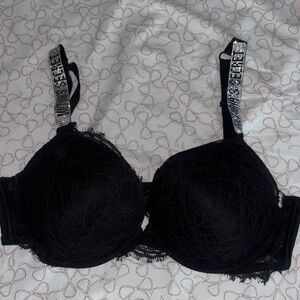 Elegant Victoria secret push up Black Lace Bra with rhinestone straps